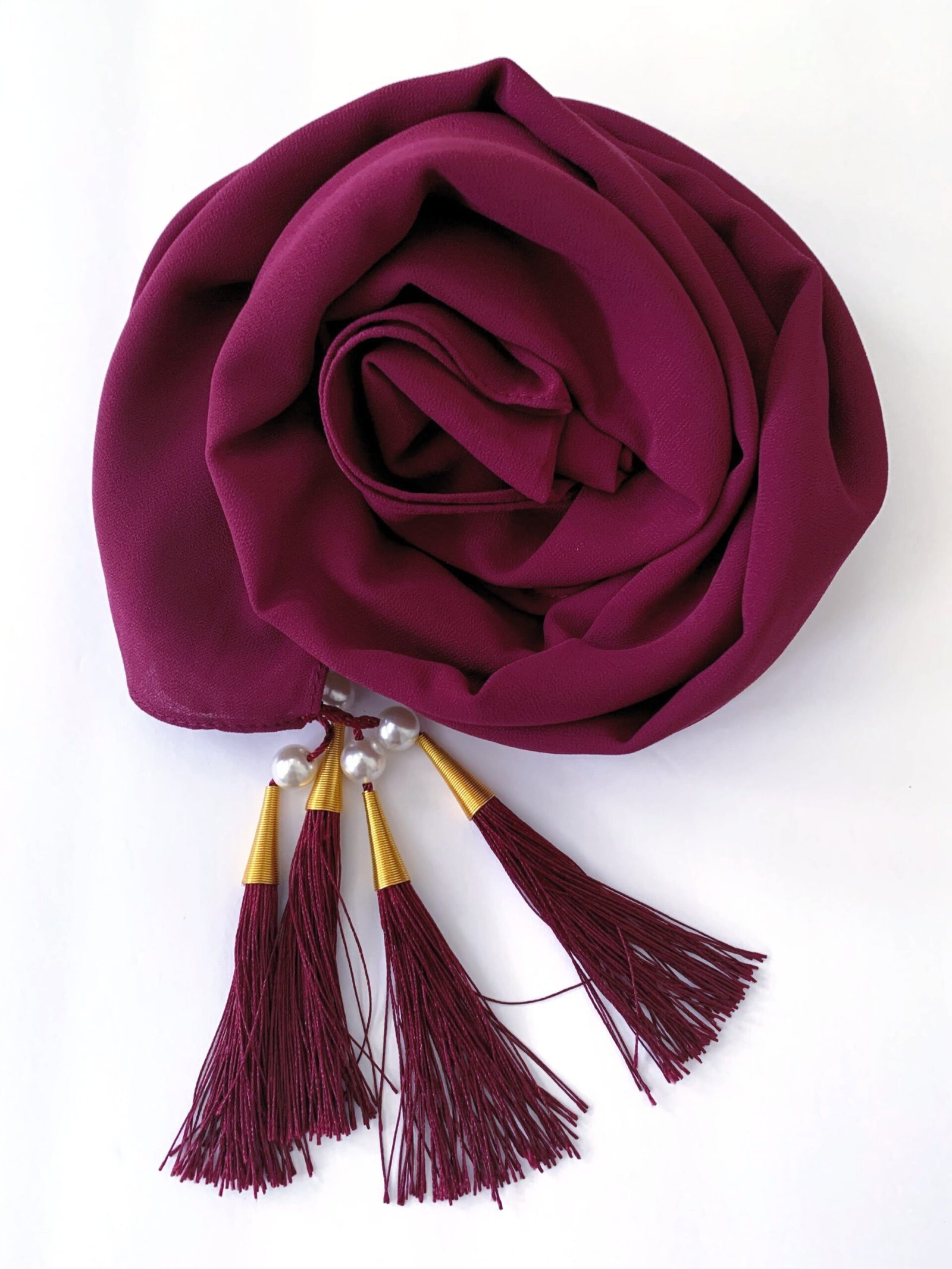 Chiffon Arabic style Plum Scarf with Silk Tassels and Pearls