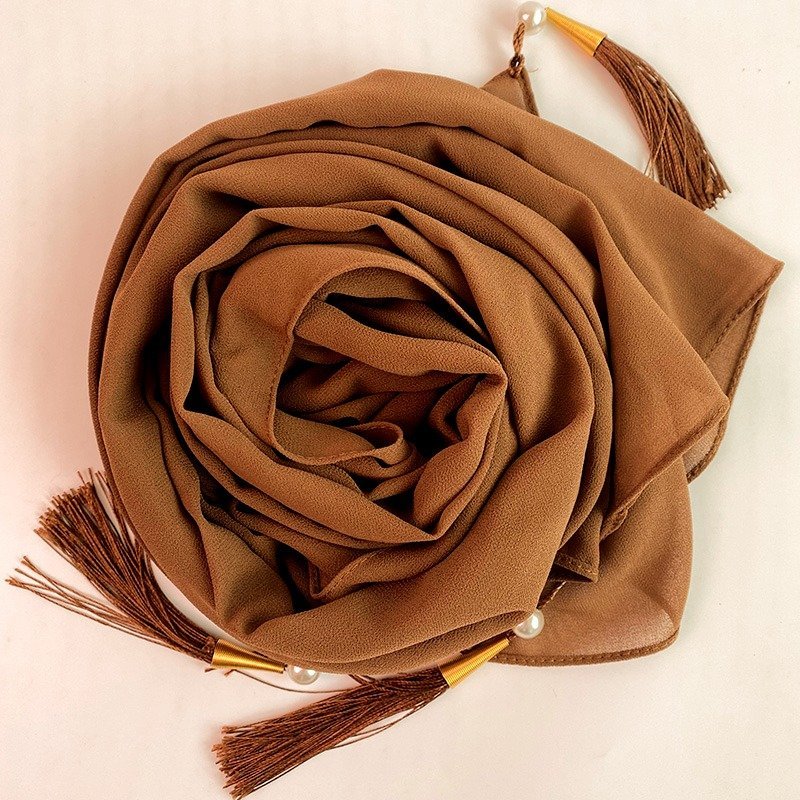 Chiffon Arabic style Caramel Scarf with Silk Tassels and Pearls