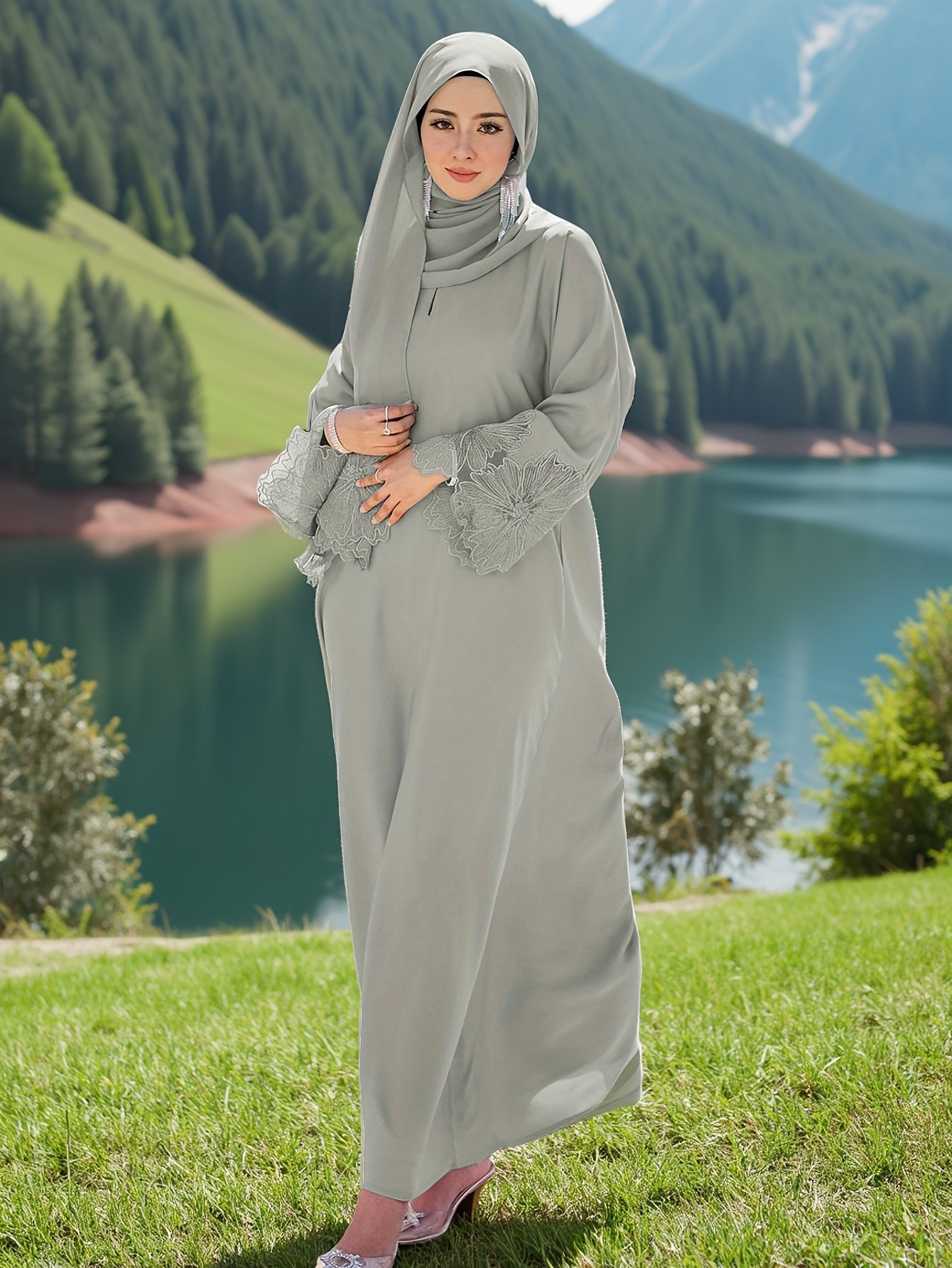Eid Al-Fitr Muslimah Abaya Dress with Khimar & Headscarf Full Cover Prayer Wear