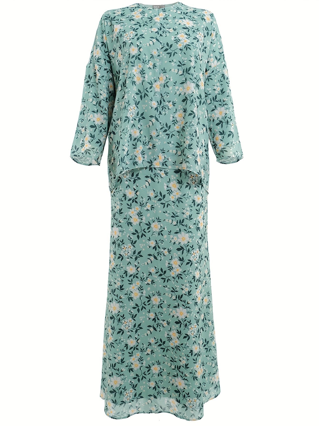 Elegant Floral Print Baju Kurung Dress Set for Women Round Neck Muslimah Outfit – Mineral Green